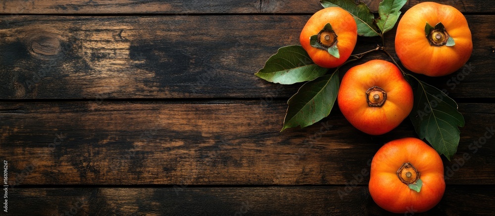 Poster persimmon fruits with fresh leaves arranged on a dark wooden table creating a natural backdrop and e