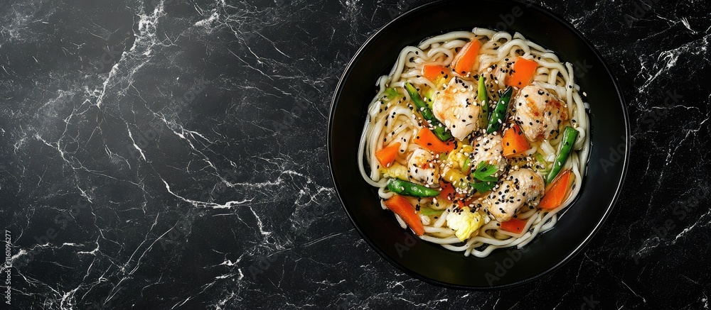 Poster udon noodles with chicken and vegetables in black bowl on marble background with space for text or d