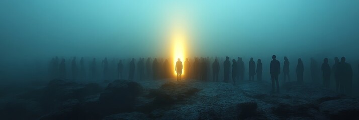 Hope Amidst the Fog - A lone figure stands illuminated, symbolizing hope, faith, guidance, resilience, and community amidst a shrouded crowd.