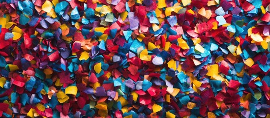 Colorful carnival confetti scattered on the ground with vibrant hues creating a festive atmosphere and ample space for text overlay.