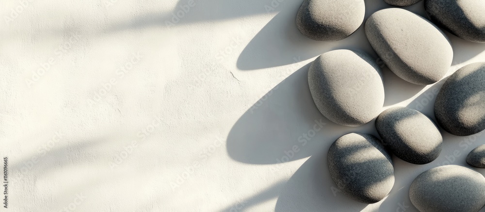 Poster smooth minimalist pebbles arranged with soft shadow on neutral background for text placement and des