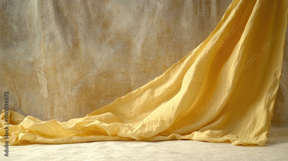 Poster vintage yellow fabric draping elegantly on textured background creating abstract design suitable for