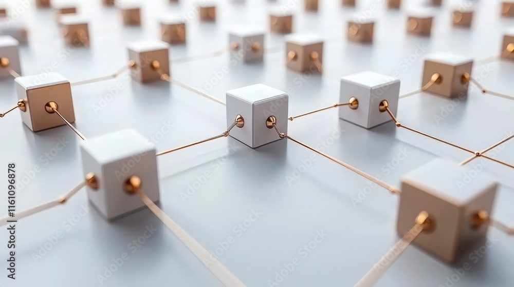 Poster a close-up view of interconnected cubes on a flat surface, representing a conceptual network or syst