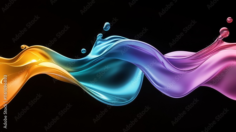 Poster iridescent fluid wave motion on black - abstract image of vibrant, iridescent fluid flowing in wave 