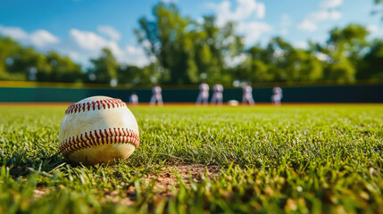 Baseball on field with players in distance