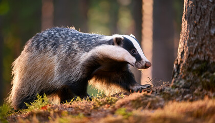 A badger in its natural woodland habitat.
