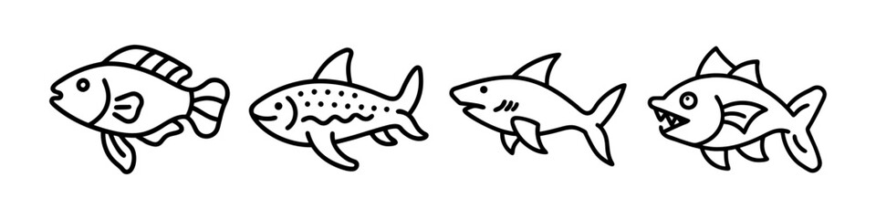 Line Icons of Diverse Fish Species - Minimalistic line icons featuring various fish species, including tilapia, trout, shark, and a cartoon-style fish, ideal for aquatic and wildlife designs.