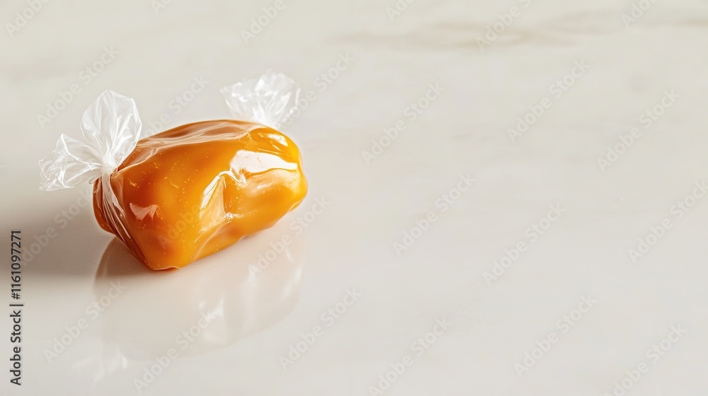 Poster single wrapped caramel candy resting on clean matte white table under diffused light