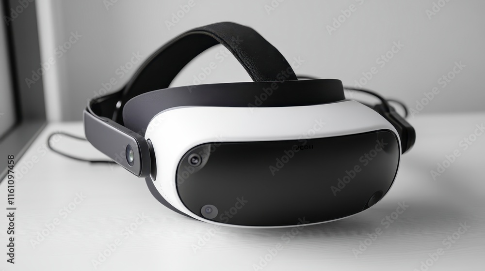 Poster a sleek virtual reality headset with a minimalist design, featuring a padded front and adjustable st