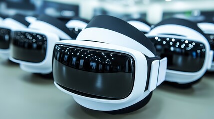 A row of sleek virtual reality headsets, designed for immersive experiences, highlighted by their modern and futuristic appearance.