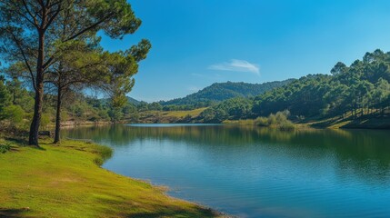 Serene lake surrounded by lush greenery under a clear blue sky on a sunny day in a peaceful natural landscape