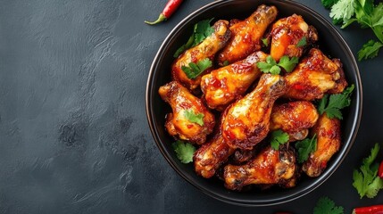 Fototapeta premium Fried chicken drumsticks with sweet and sour sauce garnished with chili and herbs top view on dark background Asian festive dish