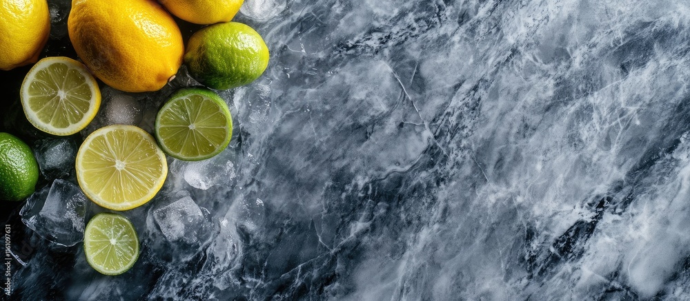 Poster fresh lemons and limes with ice cubes on grey marble background for refreshing beverage concept and 