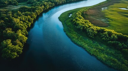Aerial view of a serene river winding through lush greenery and wetlands under a clear blue sky