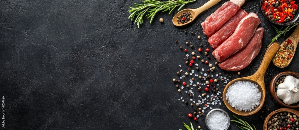 Aufkleber raw meat strips with seasonings and cooking utensils arranged on a dark surface providing empty spac