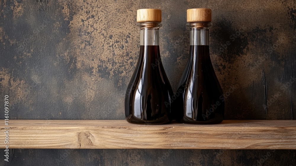 Poster stylish soy sauce bottles with unique glaze displayed on a rustic wooden shelf against a textured ba