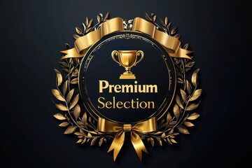 Fototapeta premium Premium Selection Trophy and Laurel Design in Gold With Elegant Black Background