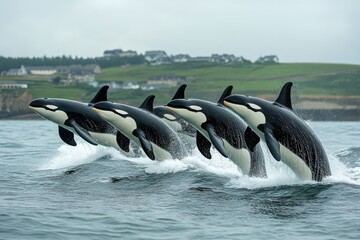 Fototapeta premium Five orcas leap from the ocean's surface, showcasing their grace and power against a serene coastal backdrop.