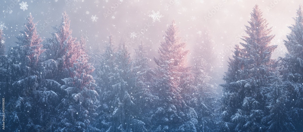Poster majestic winter forest scene featuring snowy fir trees and gentle snowflakes creating a serene backd
