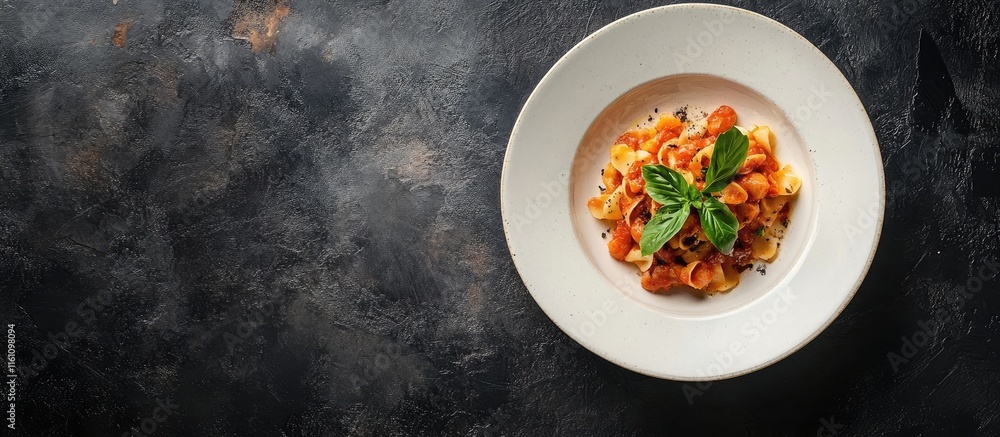 Poster elegant pasta dish on a dark textured background with ample copy space for menu or promotional text 