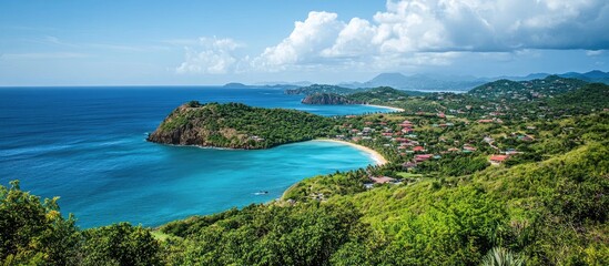 Obraz premium Caribbean Island Landscape with Lush Greenery and Clear Blue Waters Under a Bright Sky Ideal for Text Overlay and Travel Promotions
