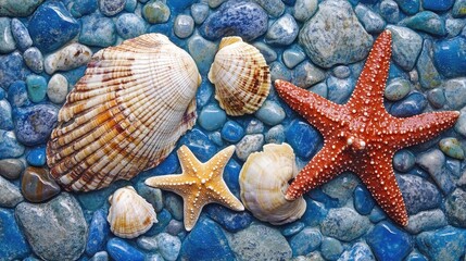 Seashells and Starfish on Blue Pebbles Creating a Relaxing Summer Travel Scene