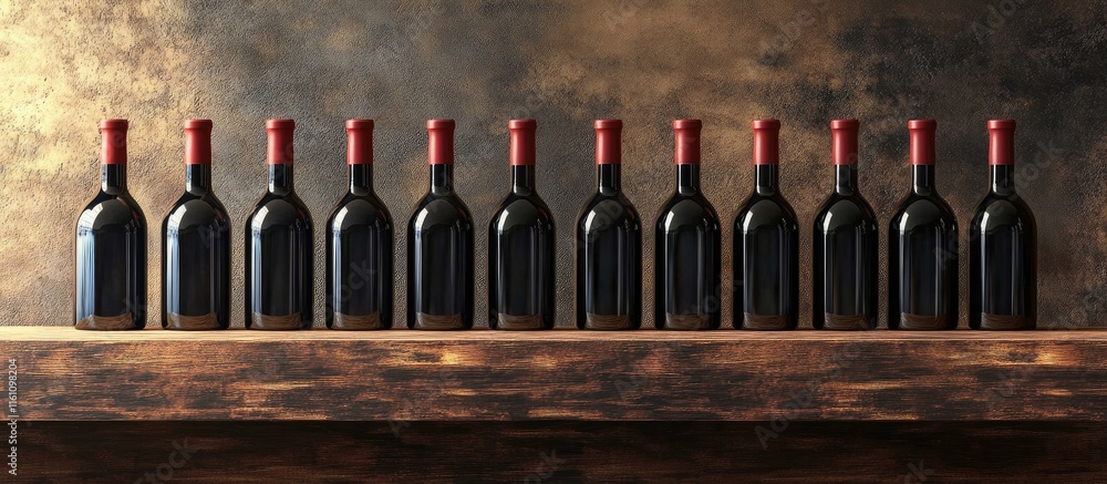 Poster elegant wine bottles arranged on rustic wooden shelf showcasing winery production ambiance with spac