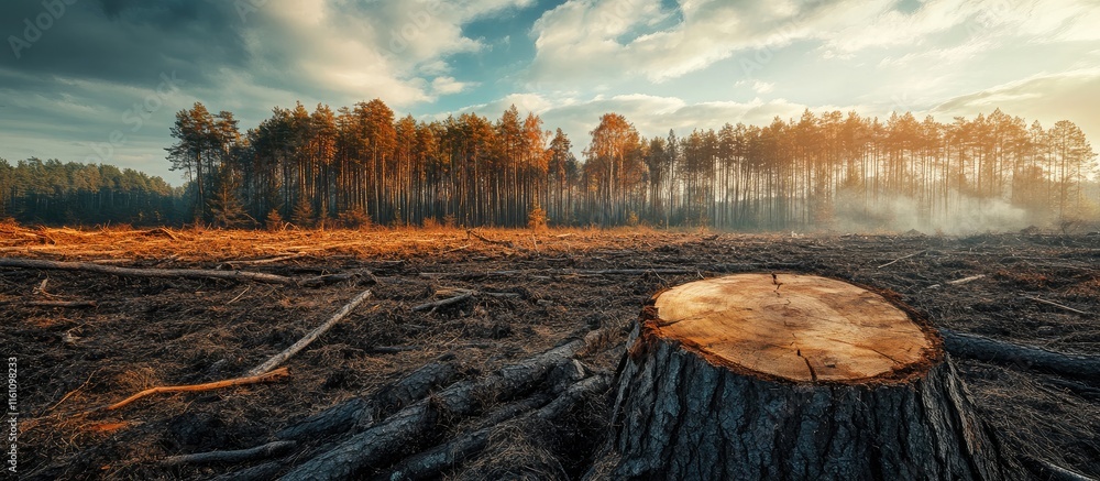 Poster deforestation concept image capturing stump of cut down tree in clear-cut forest landscape with spac