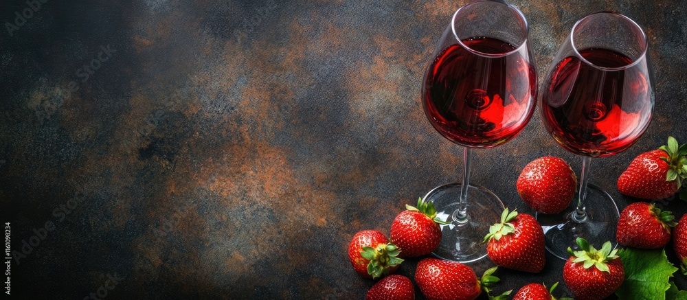 Poster elegant wine glasses with fresh strawberries on rustic table and ample blank space for custom text o