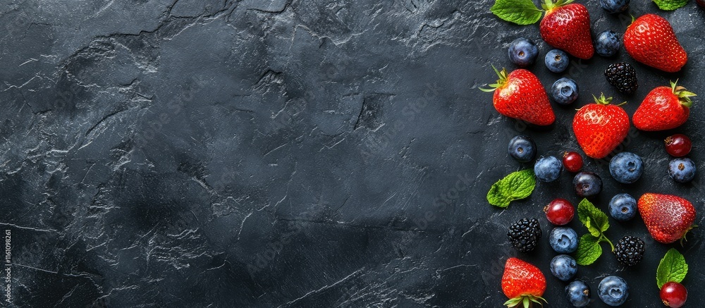 Poster fresh assortment of fruits and berries on dark background with space for copy or message
