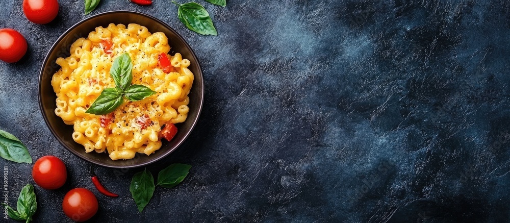 Poster caribbean style macaroni and cheese with fresh basil and cherry tomatoes on dark background with cop