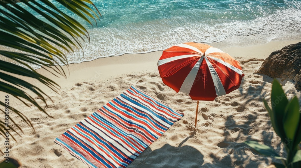 Poster striped beach towel and colorful umbrella on sandy shore with ocean waves and palm shadows creating 