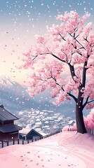 A magnificent and beautiful cherry blossom tree standing alone, with a peaceful and beautiful view of a Japanese village