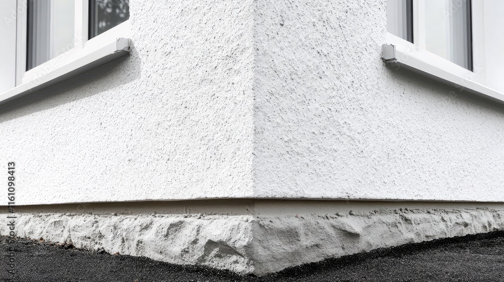 Poster corner of a building with textured white wall and masonry details showcasing rectangular windows and