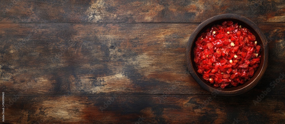 Poster top view of vibrant red chili pepper flakes in a rustic bowl on a textured wooden surface with ample