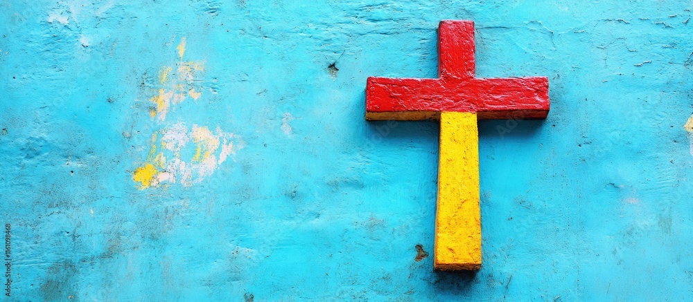 Poster vibrant wooden cross in red and yellow on a bright blue wall with ample empty space for customizable
