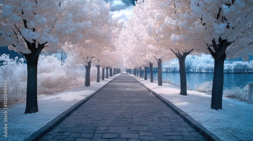 Poster peaceful stone pathway bordered by white trees in an idyllic park setting during a serene afternoon.