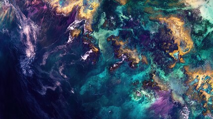 Naklejka premium Coral Reef Biodiversity Aerial View Satellite Image with Vibrant Colors and Textured Patterns for Environmental Awareness and Research