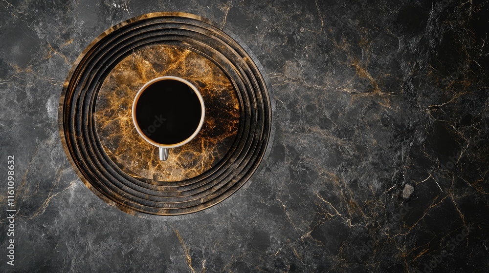 Poster espresso shot in a circular setting on a marble cutting board with a dark background emphasizing ric