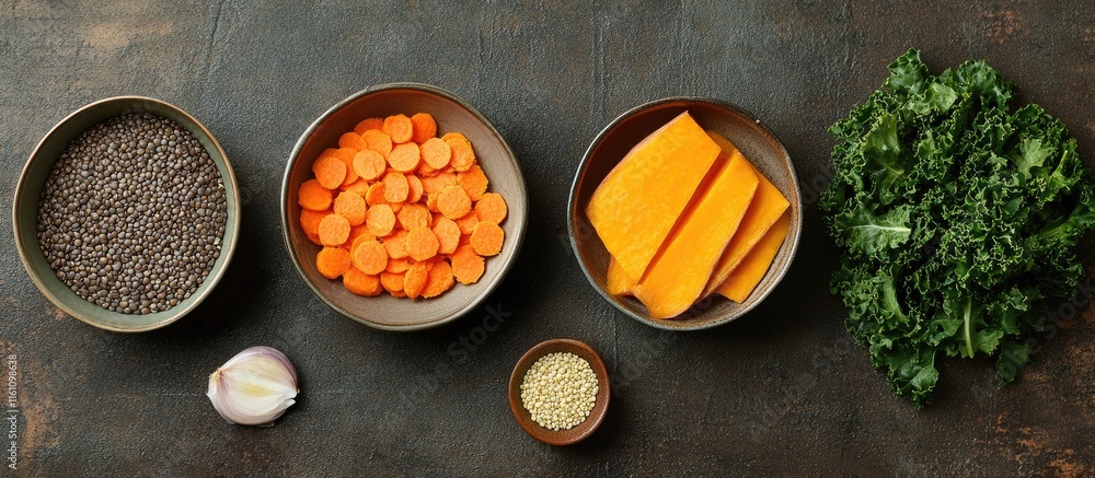 Poster nutritious vegan meal preparation with lentils carrots squash garlic and fresh kale on rustic table 