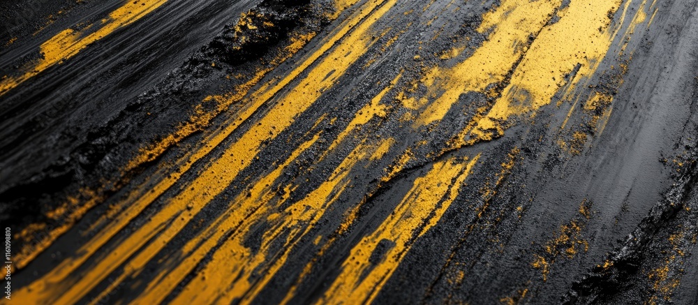 Poster textured yellow and black road stripes with tire marks creating space for custom text or signage in 