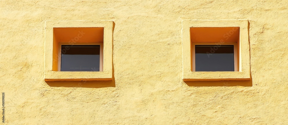 Poster top view of two yellow stucco walls with square windows creating an inviting space for text and desi