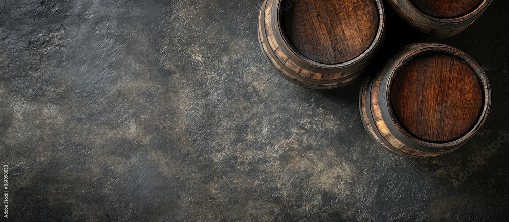 Aufkleber top view of rustic oak barrels on textured surface with ample space for promotional text or branding