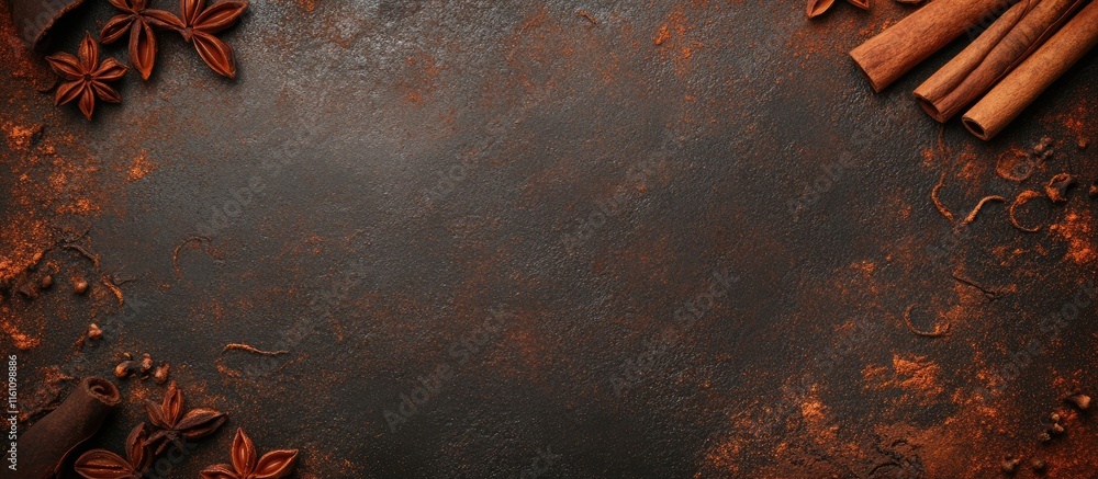 Poster cinnamon bark spices arranged on dark surface with empty space for text or recipe ideas