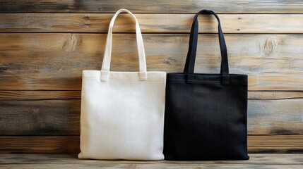 Blank canvas tote bags for branding and marketing on wooden background