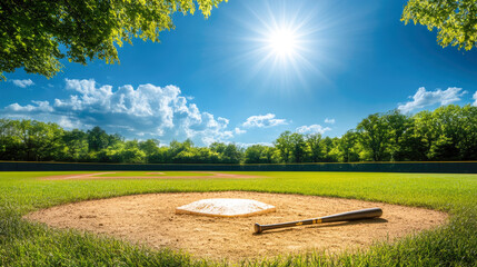 Sunny day at a baseball field with bat on home plate under blue sky