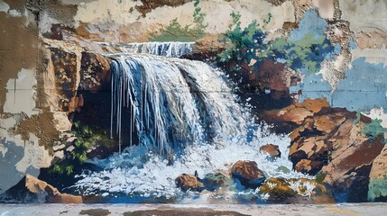 Serene Waterfall Mural: A Masterpiece of Nature's Beauty on Urban Walls