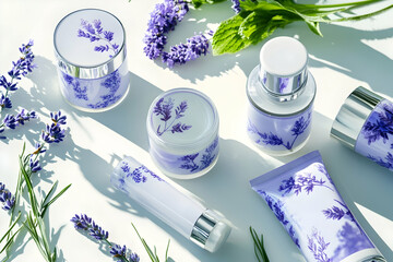 Elegant skincare products are artistically arranged with lavender and mint for a serene vibe