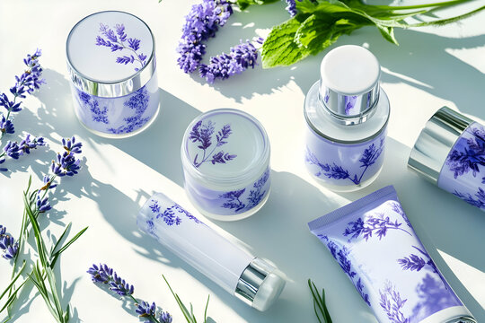 Elegant skincare products are artistically arranged with lavender and mint for a serene vibe
