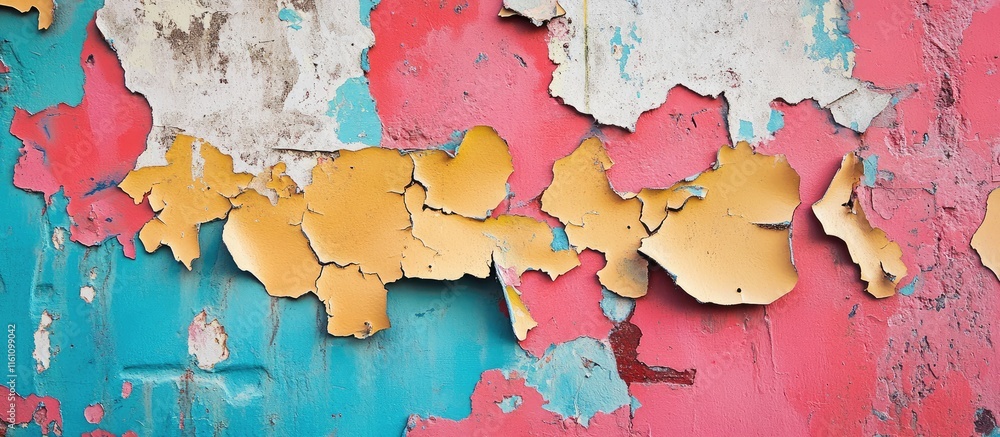 Poster vintage peeling wall texture backdrop showcasing vibrant colors with empty space ideal for mockups a
